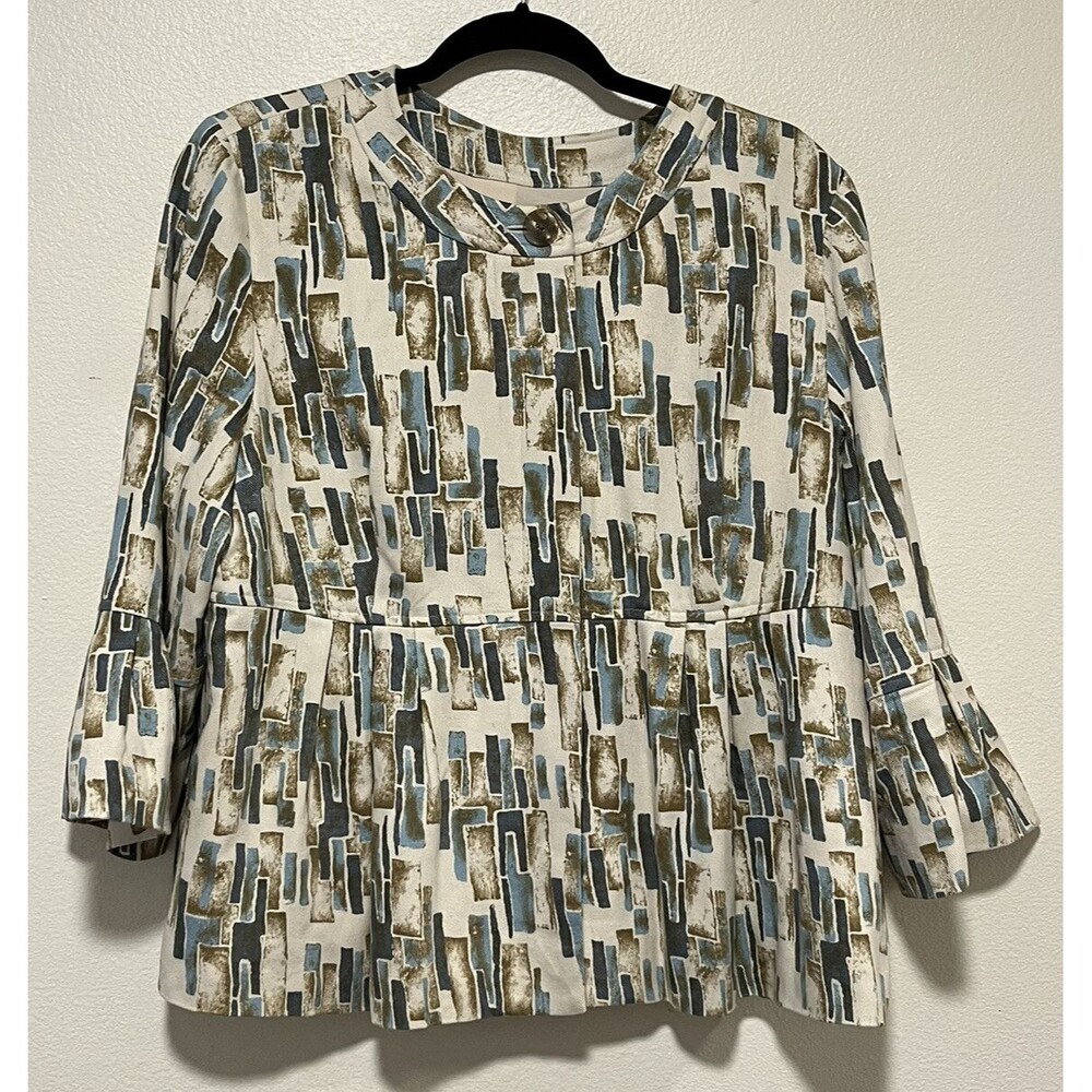 J Jill Silk Blazer Peplum Waist Pleated Geo Print Ivory Multi Pockets Sz Large
